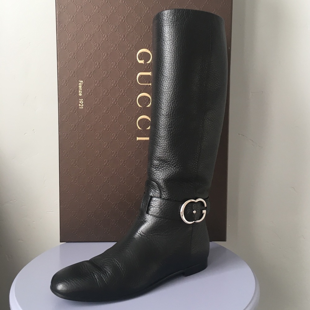 Gucci Black Leather Interlocking G Sachalin Pull-on Riding Boots Sz 7 US / 37 EU - Picture 7 of 16